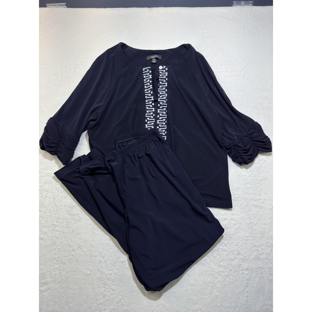 R&M Richards Pants Set Womens 14W Blue Jersey 2 Piece Scoop Neck Top Formal